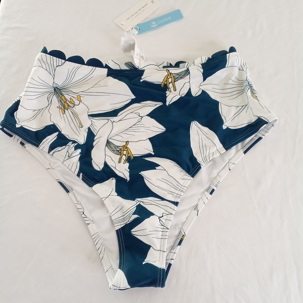 Cupshe NWT Women's High Waisted Floral Magnolia Bikini Bottom Scalloped XL New